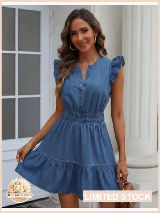 Denim Dress Ruffle Sleeve Empire Waist A-Line Mini Tiered Flowy with Pockets - Picture 5 of 7